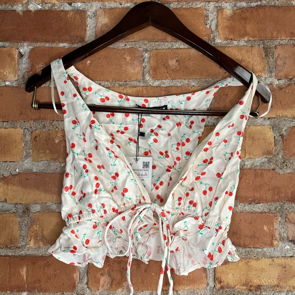 NWT Zara Top + Cherry Print + Extra Small